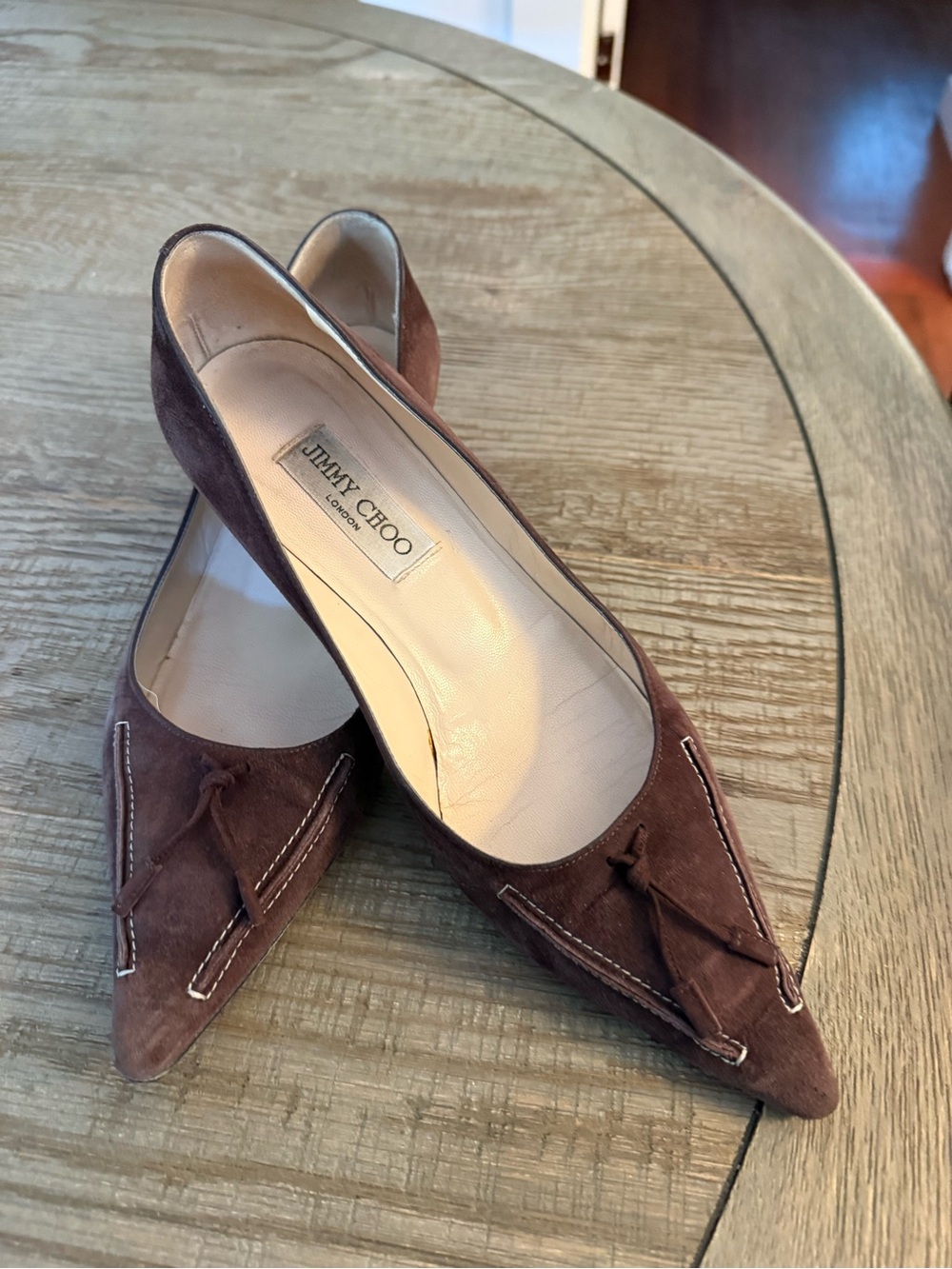 Jimmy Choo Brown Suede Pointed Toe Tassel Flats